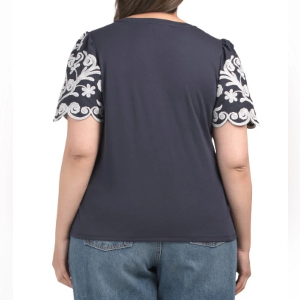 Anthropologie Catherine Malandrino Navy & White Embroidered Plus Size Top 2X NWT - Picture 2 of 11